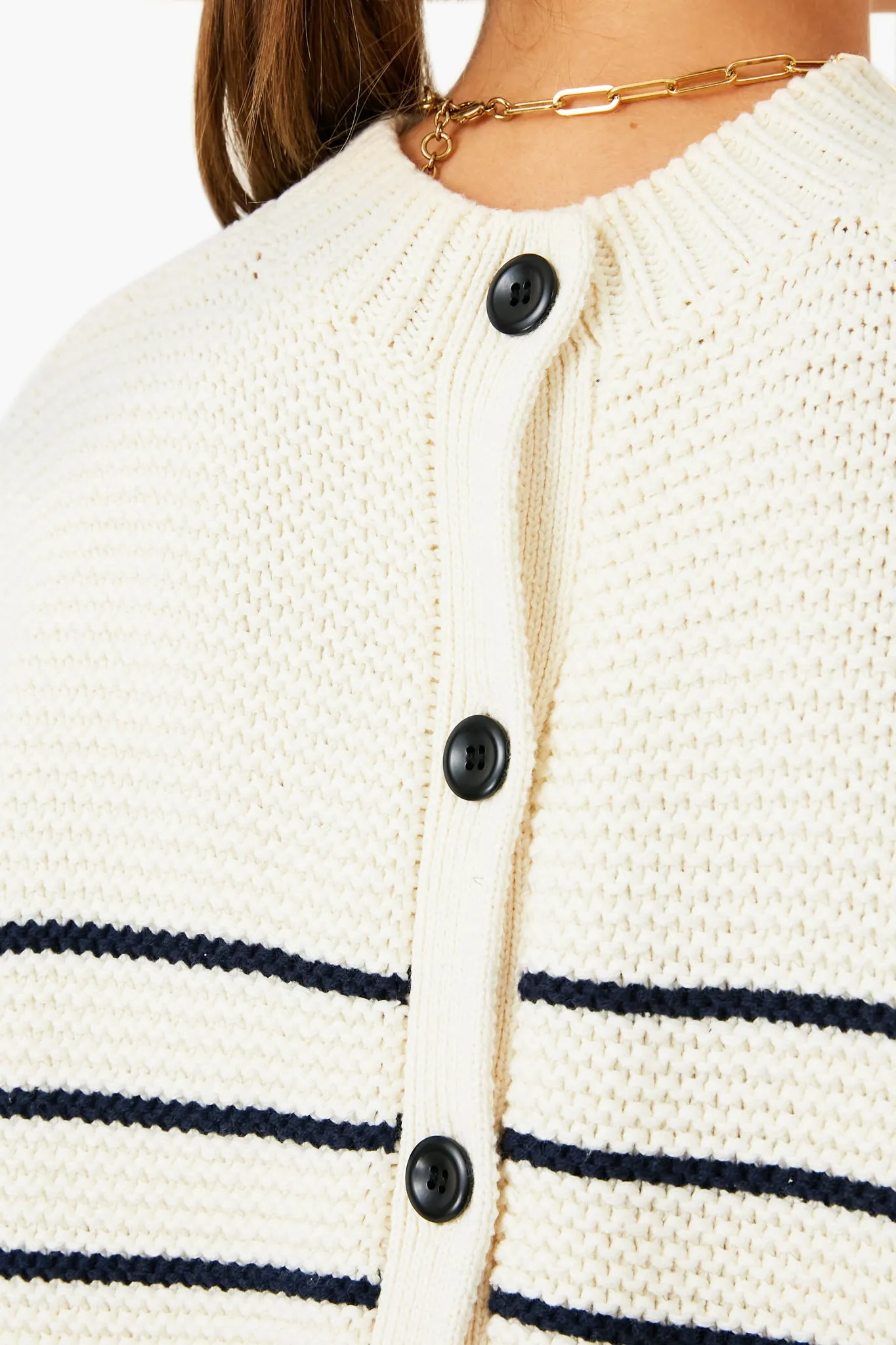 Ivory and Dark Navy Stripe Button Back Crewneck Sweater