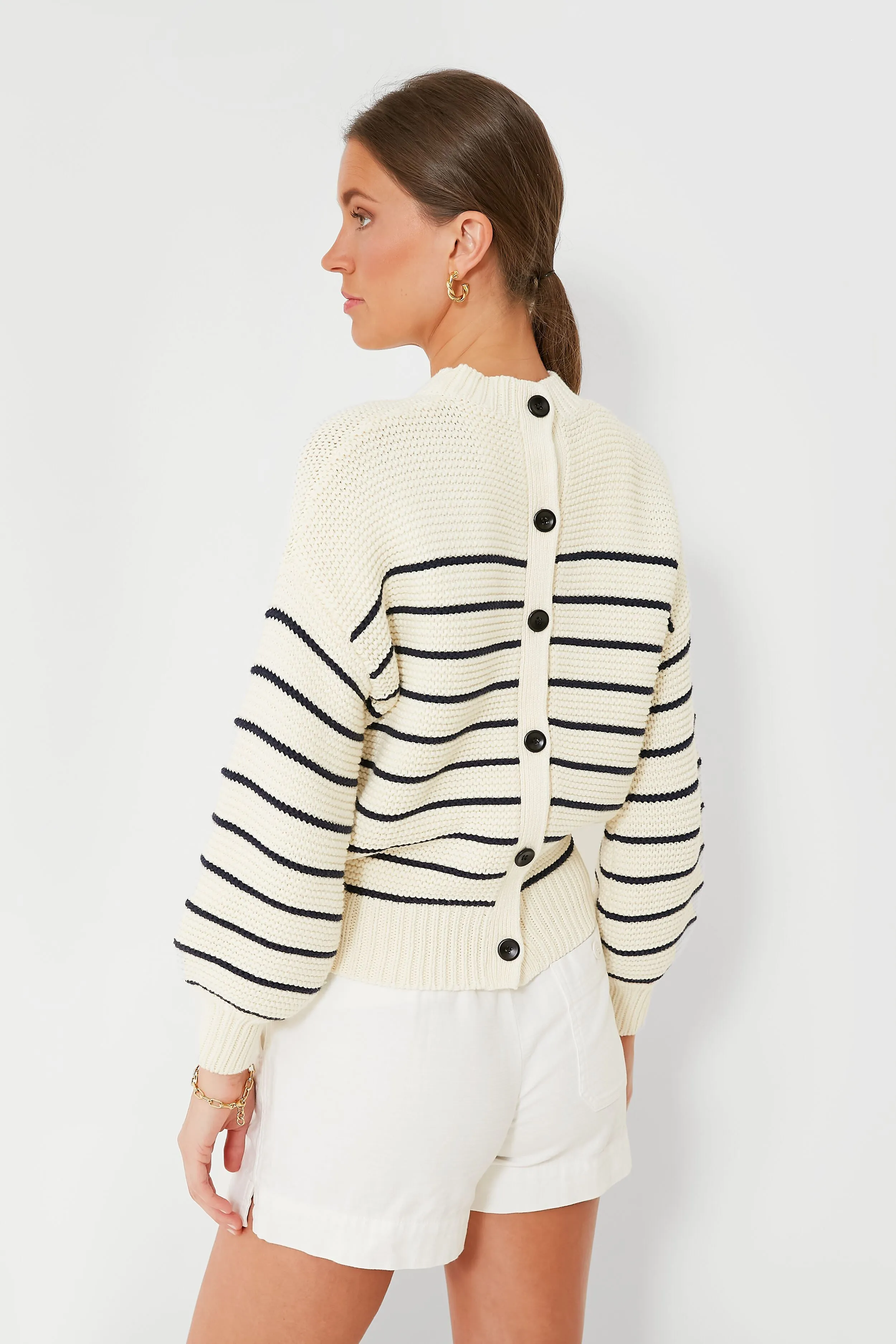 Ivory and Dark Navy Stripe Button Back Crewneck Sweater