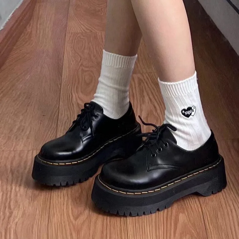 Joskaa 2024 Women's Spring and Autumn New Casual Versatile Elevated Thick Sole Lace Up Small Leather Shoes