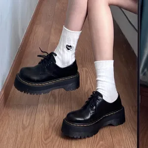 Joskaa 2024 Women's Spring and Autumn New Casual Versatile Elevated Thick Sole Lace Up Small Leather Shoes
