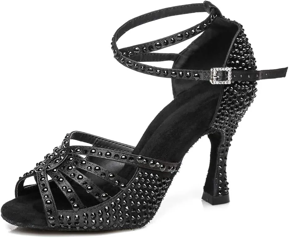 JUODVMP Women's Latin Dance Shoes Rhinestones Satin Ballroom Dancing Shoes Salsa Professional Dance Shoes