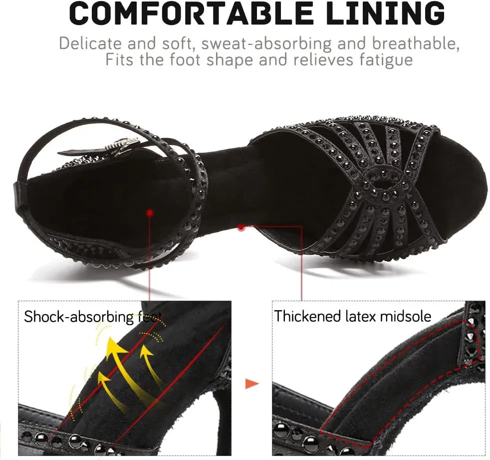 JUODVMP Women's Latin Dance Shoes Rhinestones Satin Ballroom Dancing Shoes Salsa Professional Dance Shoes