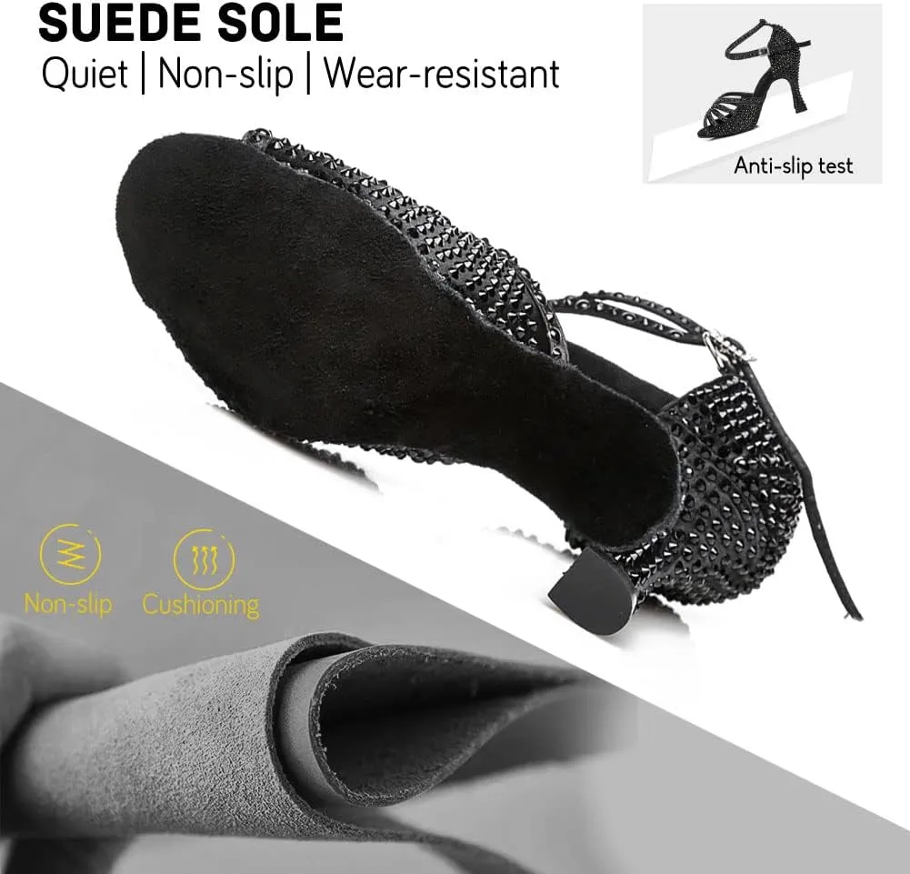 JUODVMP Women's Latin Dance Shoes Rhinestones Satin Ballroom Dancing Shoes Salsa Professional Dance Shoes