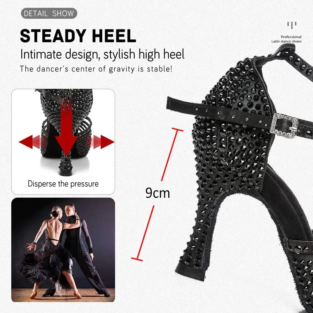 JUODVMP Women's Latin Dance Shoes Rhinestones Satin Ballroom Dancing Shoes Salsa Professional Dance Shoes