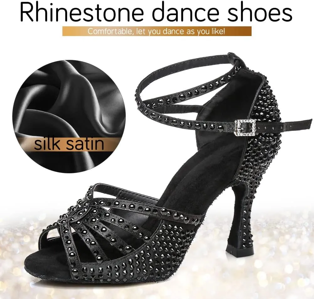 JUODVMP Women's Latin Dance Shoes Rhinestones Satin Ballroom Dancing Shoes Salsa Professional Dance Shoes