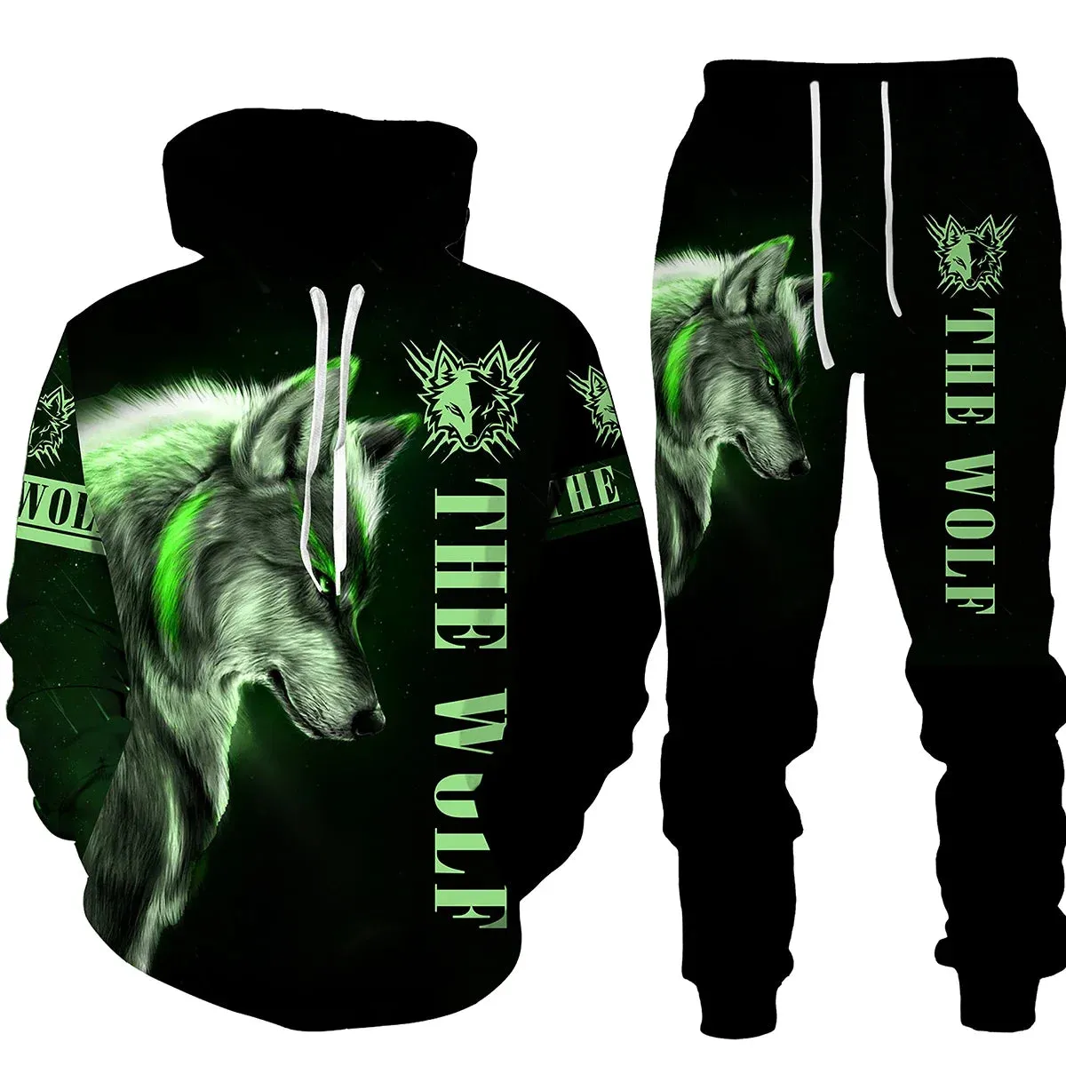 Men's 2 Piece 3D Hooded Wolf Print Tracksuit