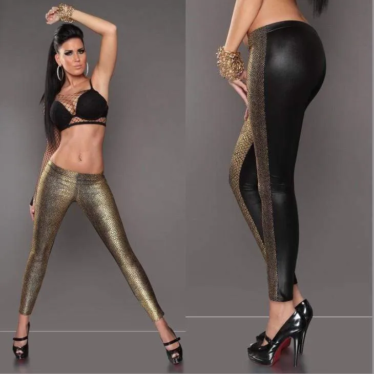 Metallic Gold Snakeskin Print Front & Black Back Leggings