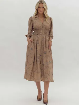 Mocha Floral Printed Cuff Midi Dress