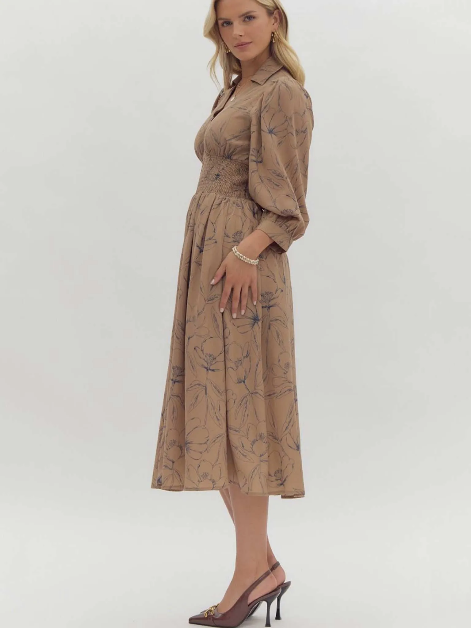 Mocha Floral Printed Cuff Midi Dress
