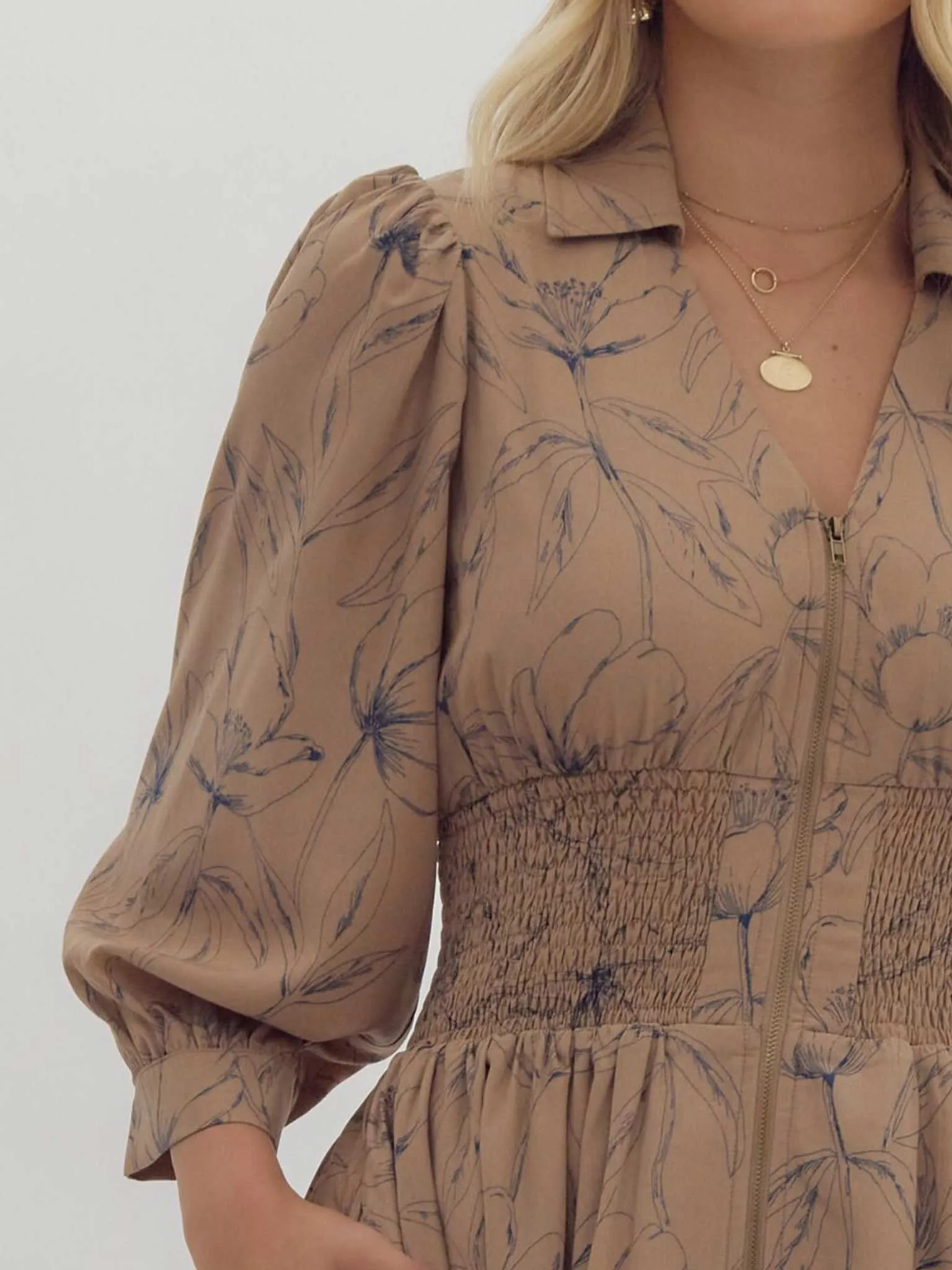 Mocha Floral Printed Cuff Midi Dress
