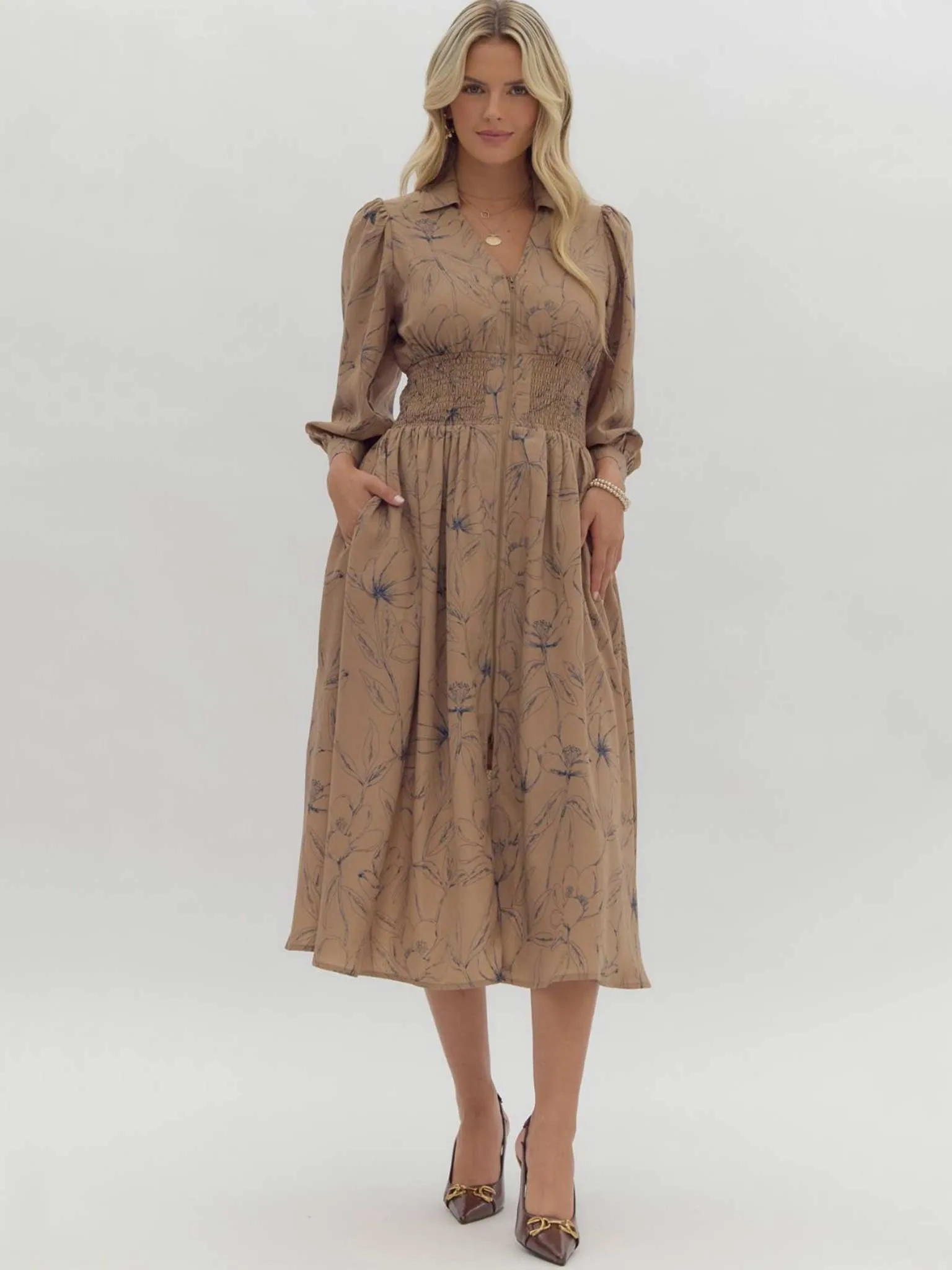 Mocha Floral Printed Cuff Midi Dress
