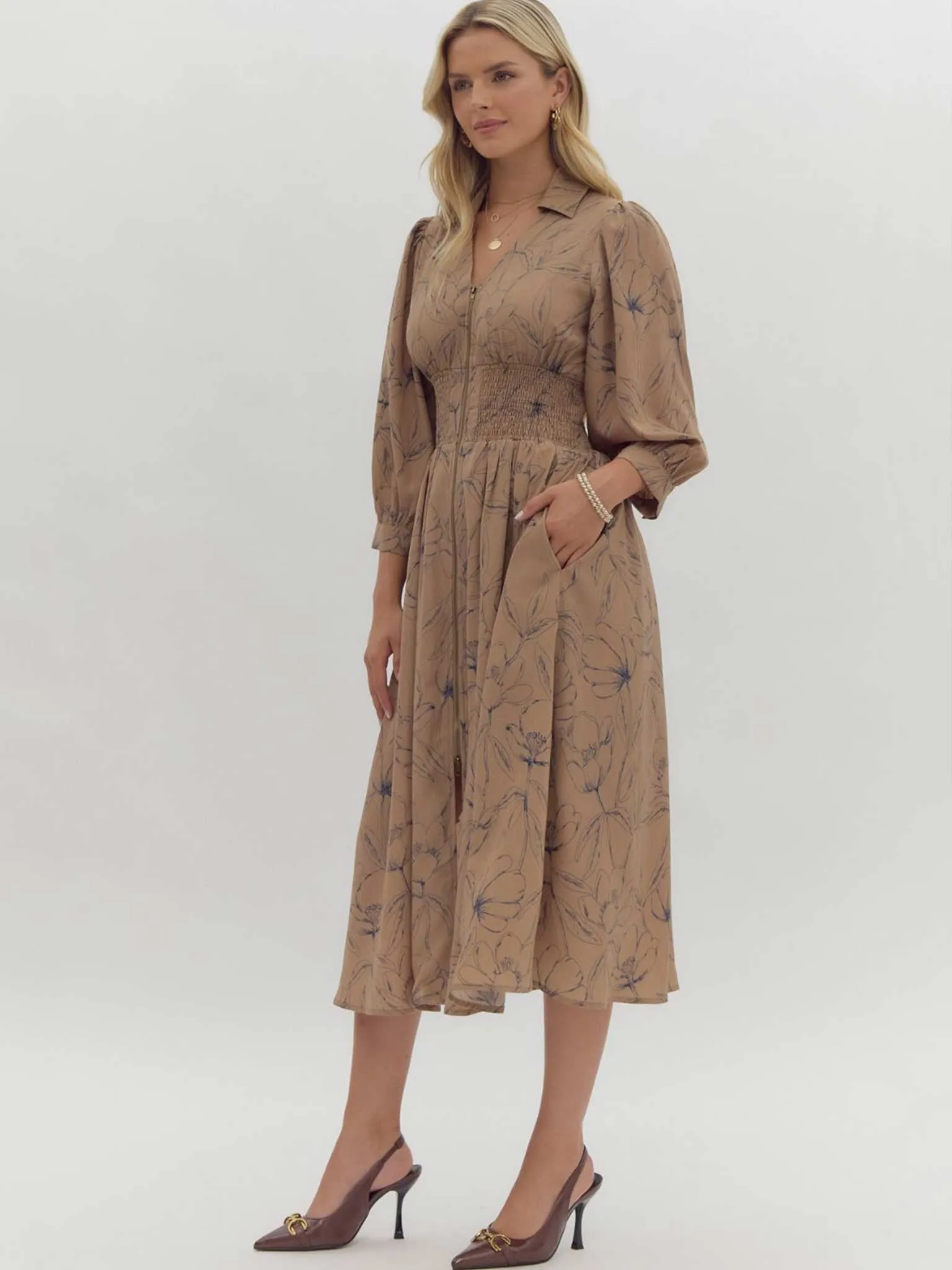 Mocha Floral Printed Cuff Midi Dress