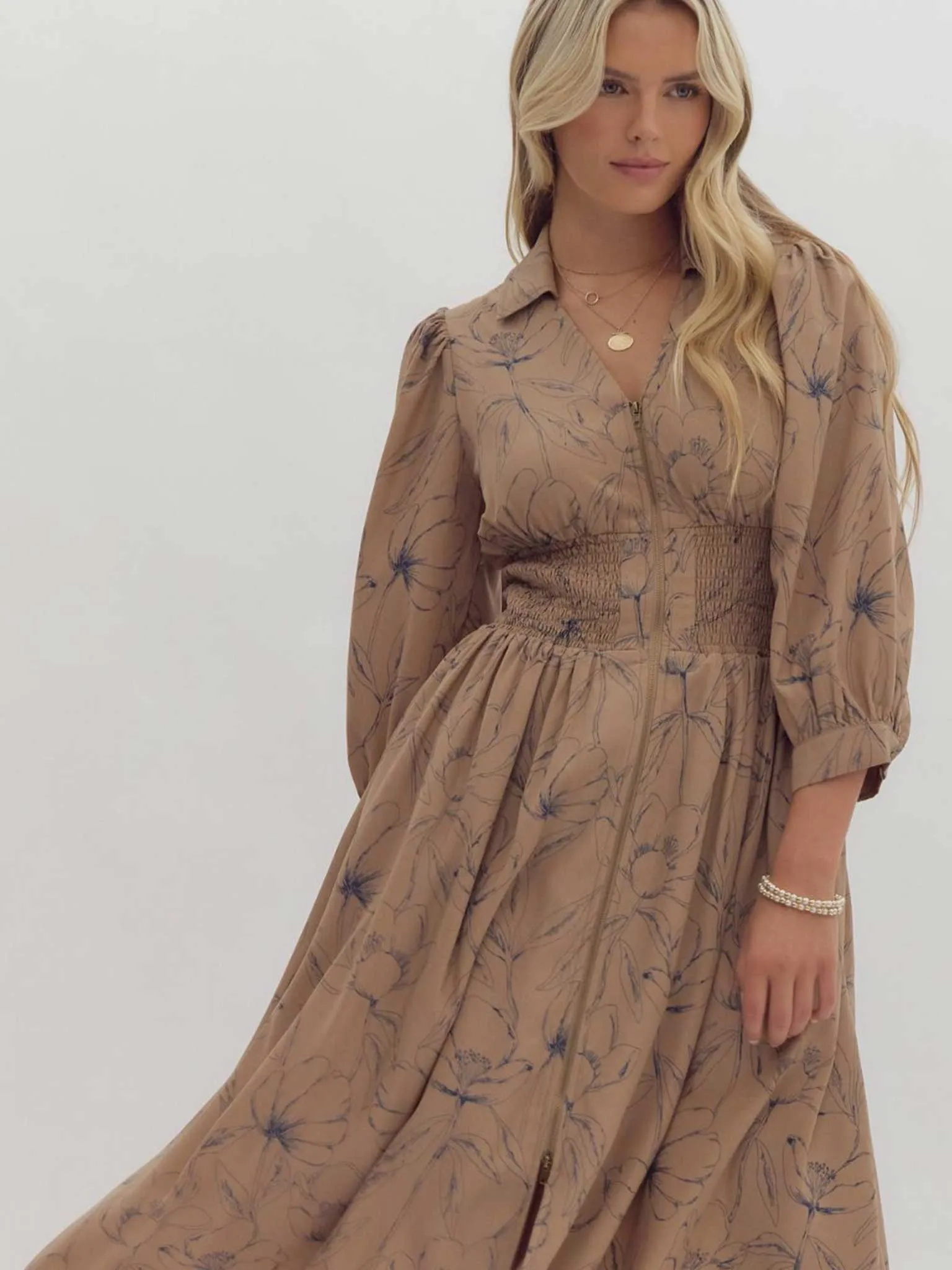 Mocha Floral Printed Cuff Midi Dress