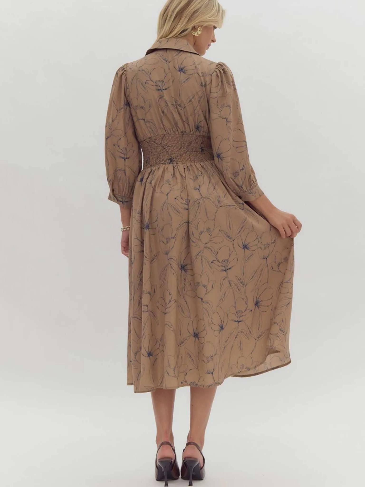 Mocha Floral Printed Cuff Midi Dress