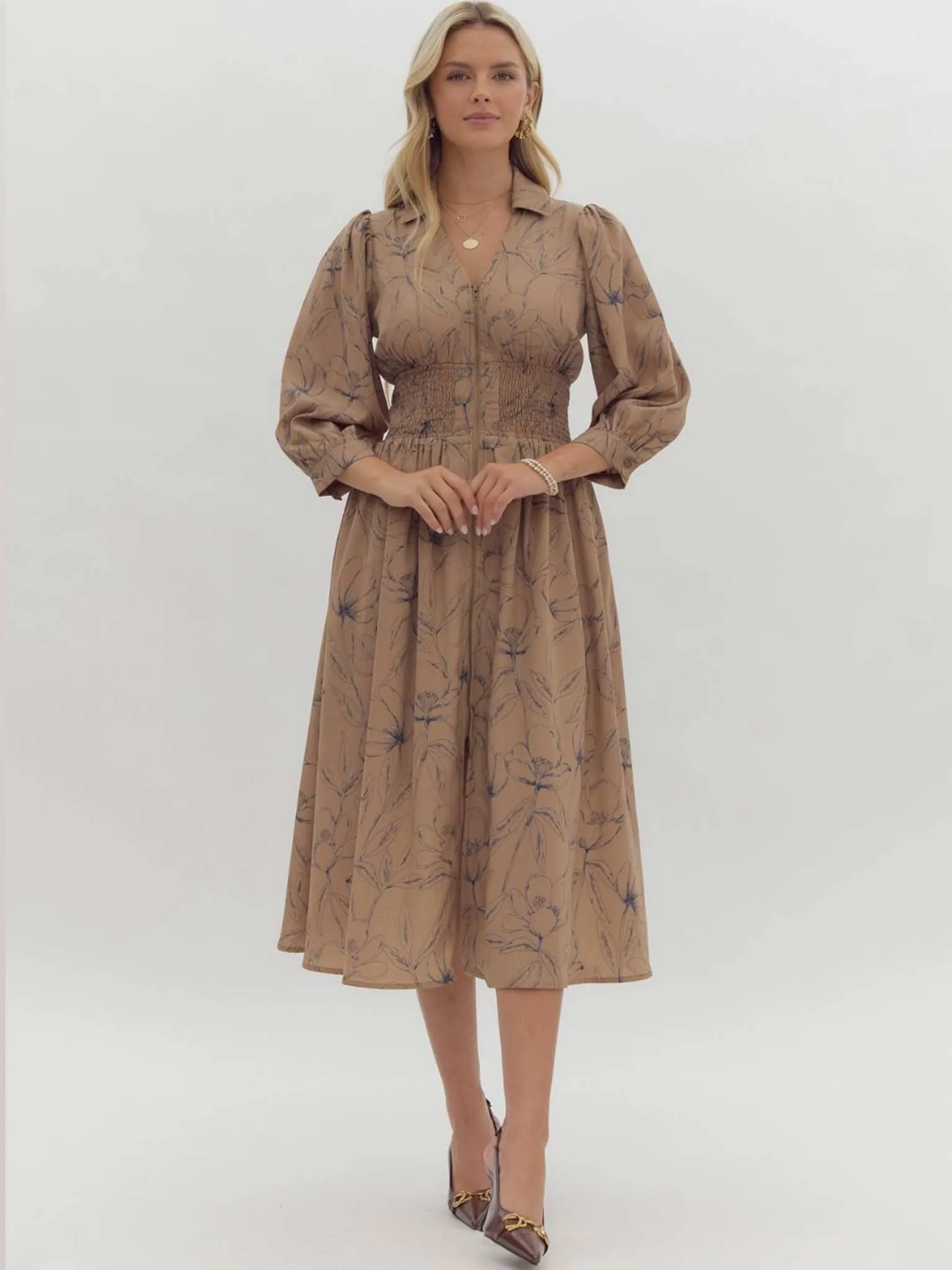 Mocha Floral Printed Cuff Midi Dress