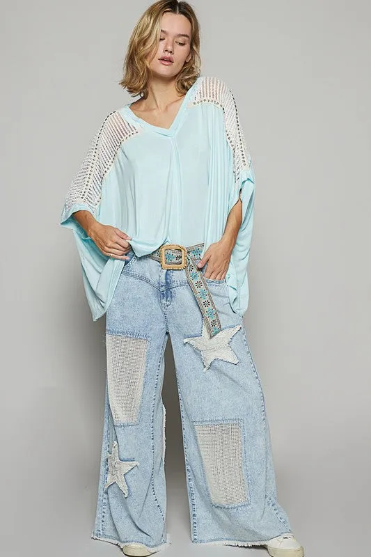 Oversize V-Neck Crochet Lace Contrast Studded Top