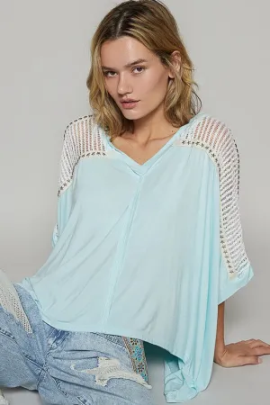 Oversize V-Neck Crochet Lace Contrast Studded Top