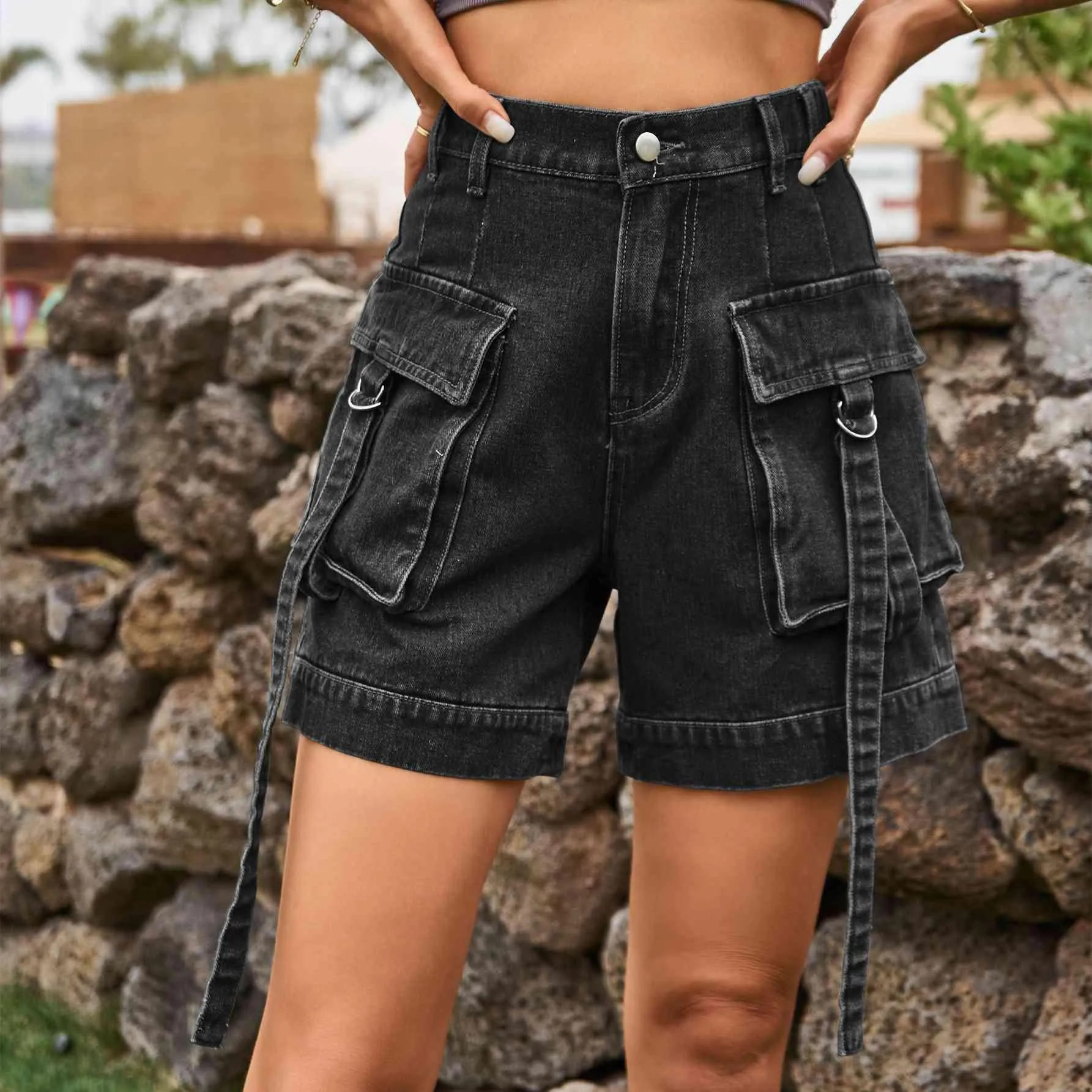 Practical Chic High Waist Denim Cargo Shorts