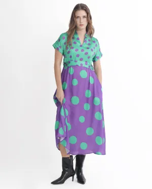 Rareism Women Hirten Purple Polyester Fabric Short Sleeves V-Neck Extended Sleeve Regular Fit Polka Maxi A-Line Dress