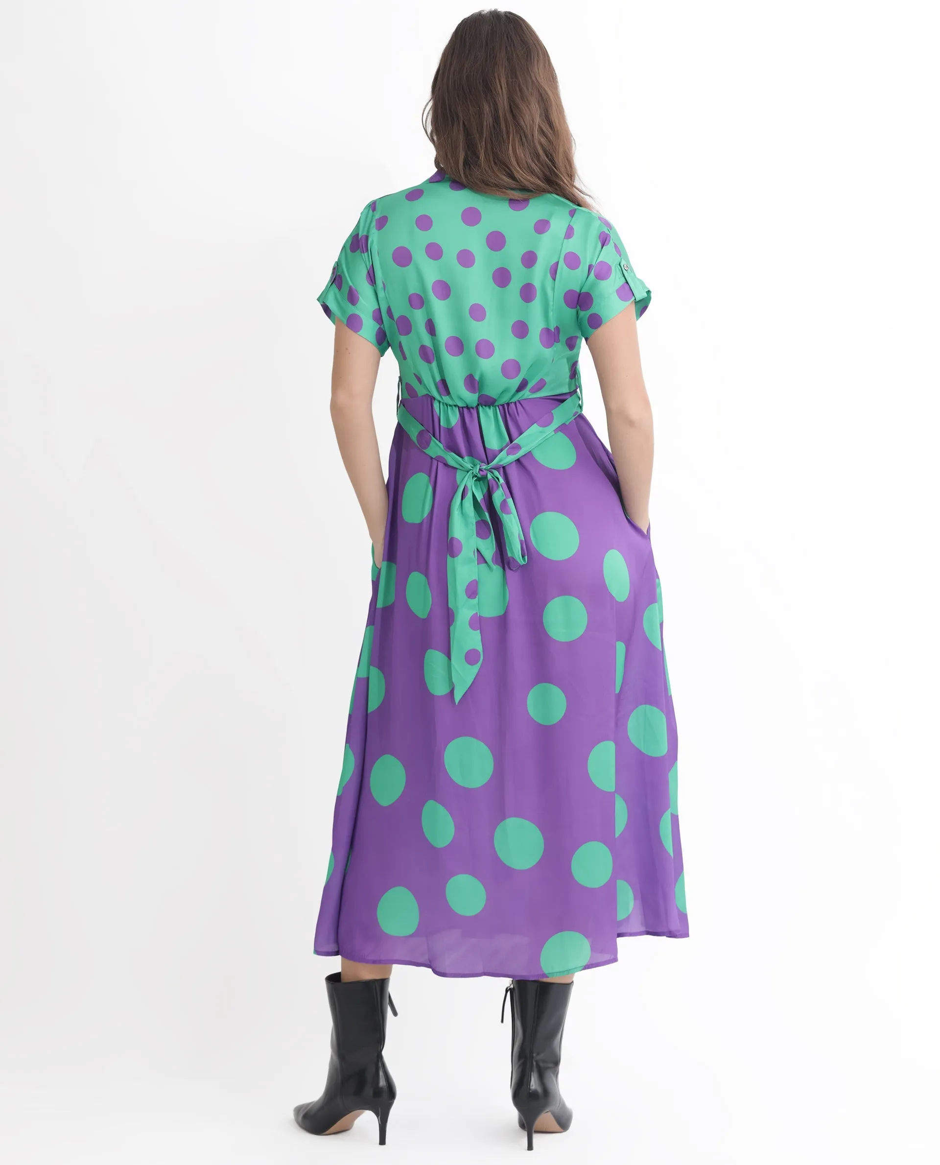 Rareism Women Hirten Purple Polyester Fabric Short Sleeves V-Neck Extended Sleeve Regular Fit Polka Maxi A-Line Dress