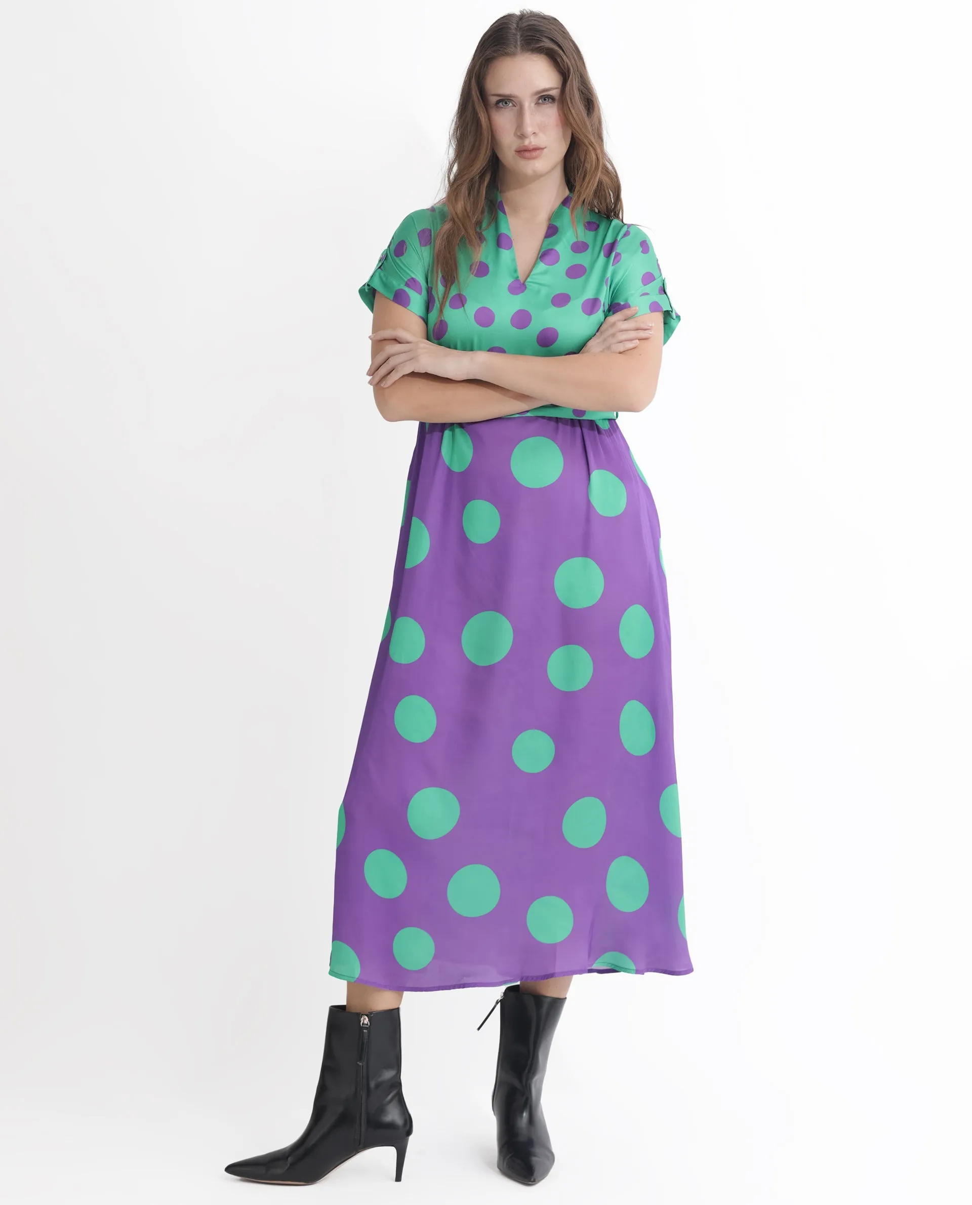 Rareism Women Hirten Purple Polyester Fabric Short Sleeves V-Neck Extended Sleeve Regular Fit Polka Maxi A-Line Dress