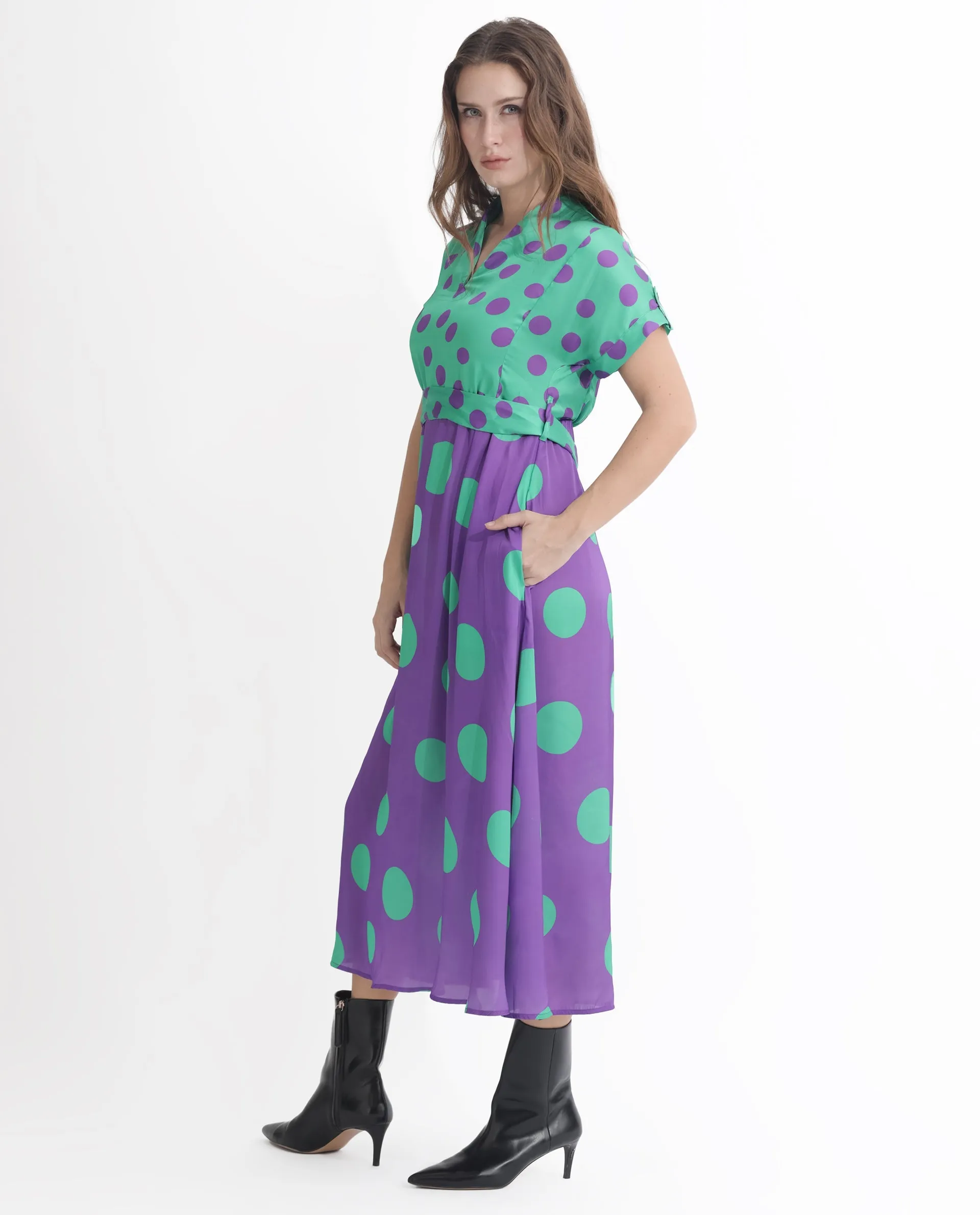 Rareism Women Hirten Purple Polyester Fabric Short Sleeves V-Neck Extended Sleeve Regular Fit Polka Maxi A-Line Dress
