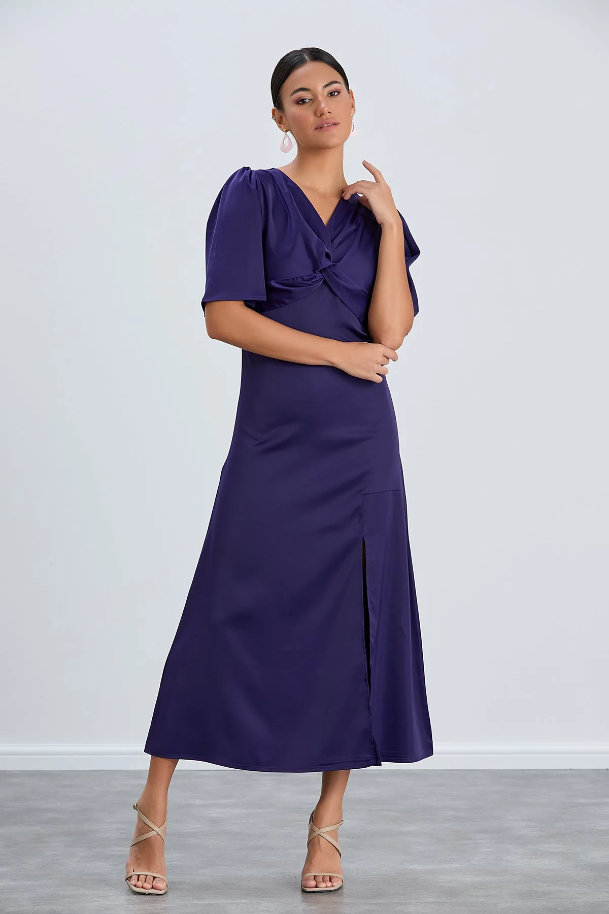 Sax Blue Angel Sleeve Midi Dress with Side Slit