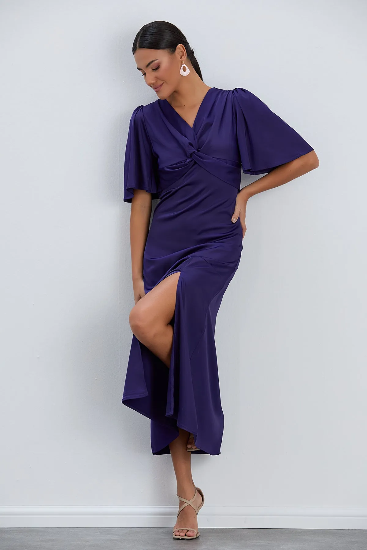 Sax Blue Angel Sleeve Midi Dress with Side Slit
