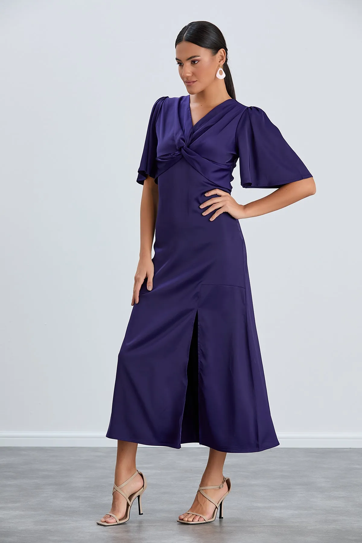 Sax Blue Angel Sleeve Midi Dress with Side Slit