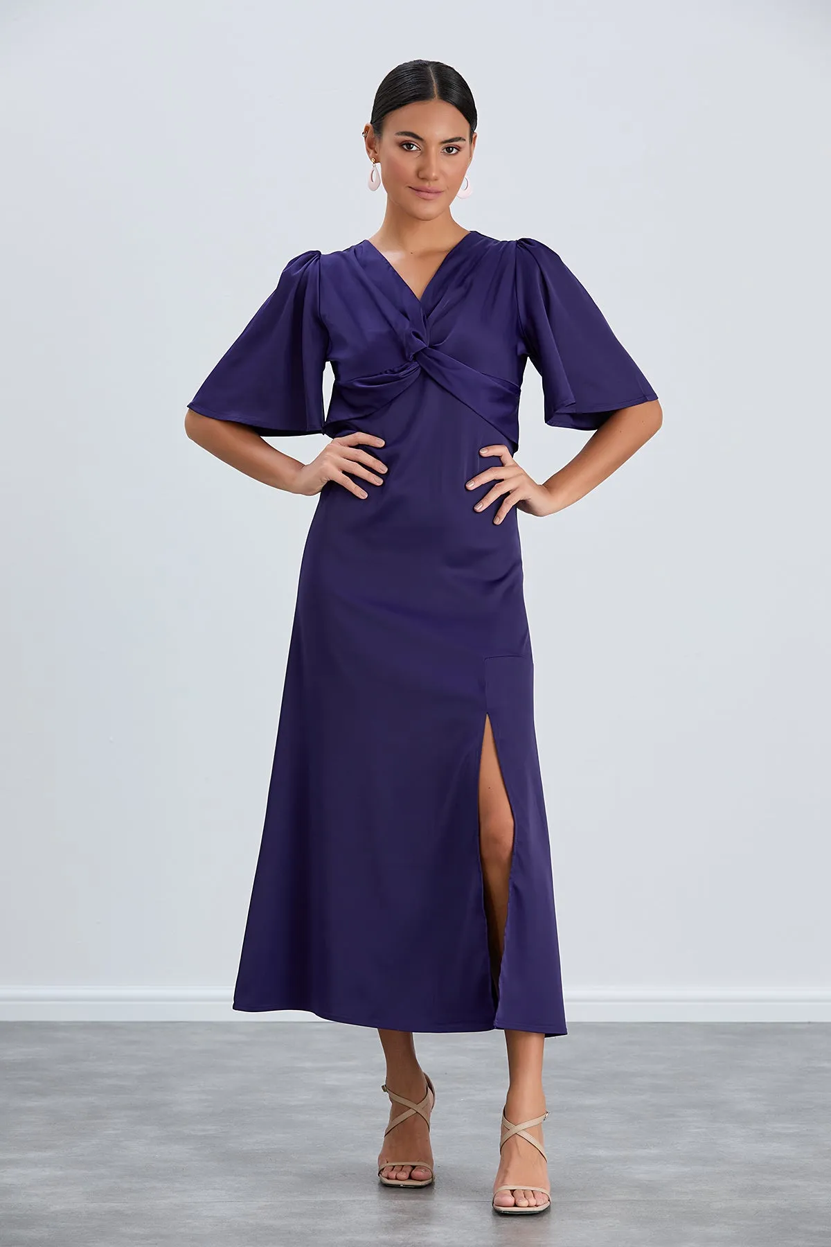 Sax Blue Angel Sleeve Midi Dress with Side Slit