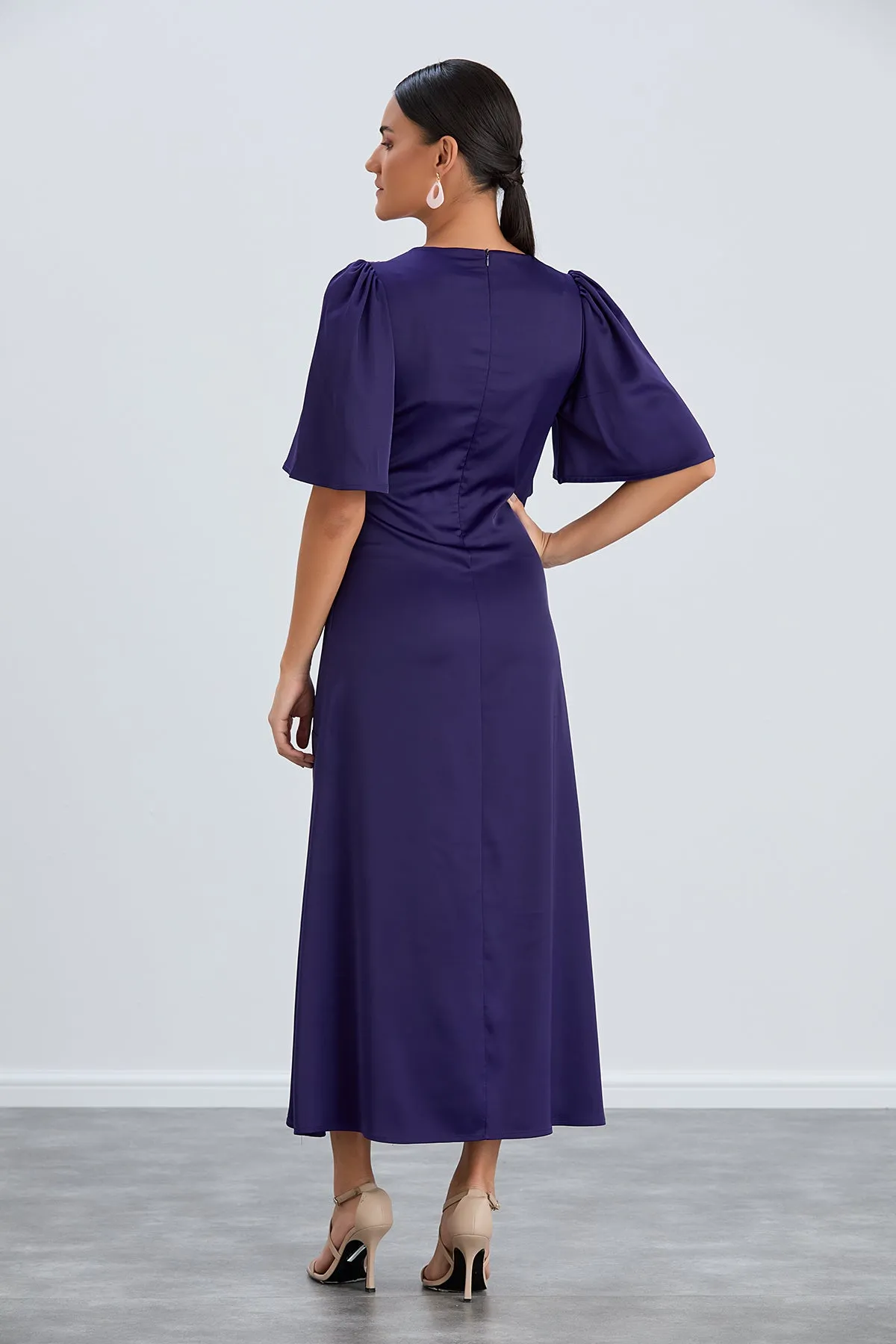 Sax Blue Angel Sleeve Midi Dress with Side Slit