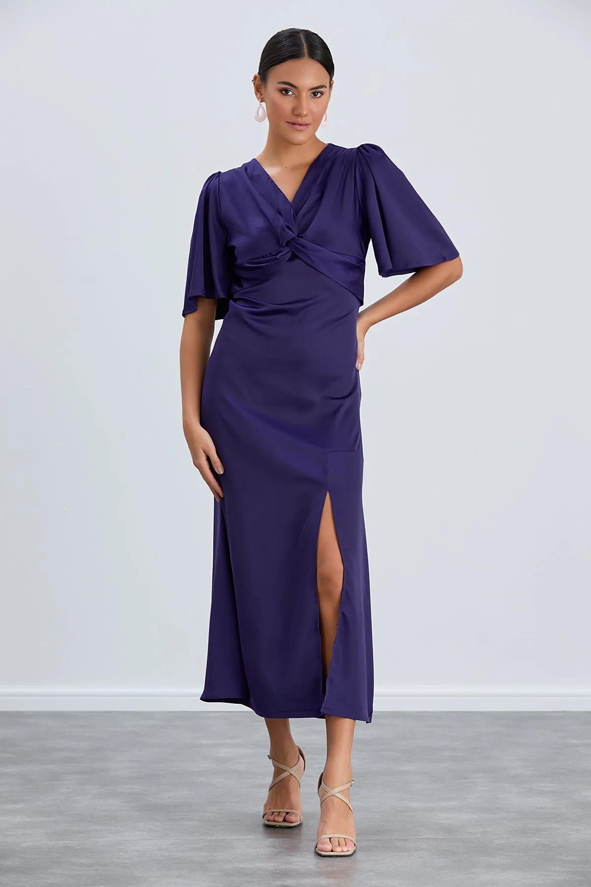 Sax Blue Angel Sleeve Midi Dress with Side Slit