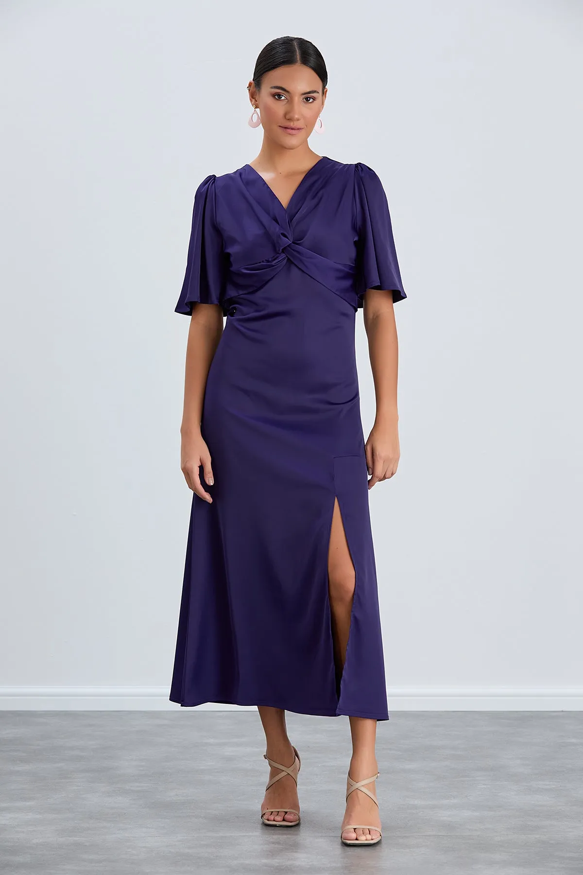 Sax Blue Angel Sleeve Midi Dress with Side Slit
