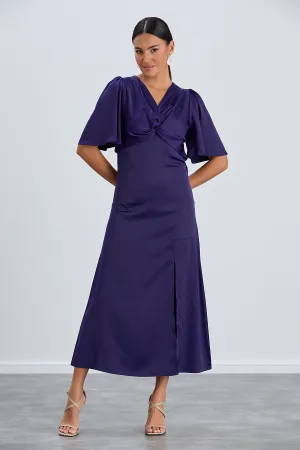 Sax Blue Angel Sleeve Midi Dress with Side Slit
