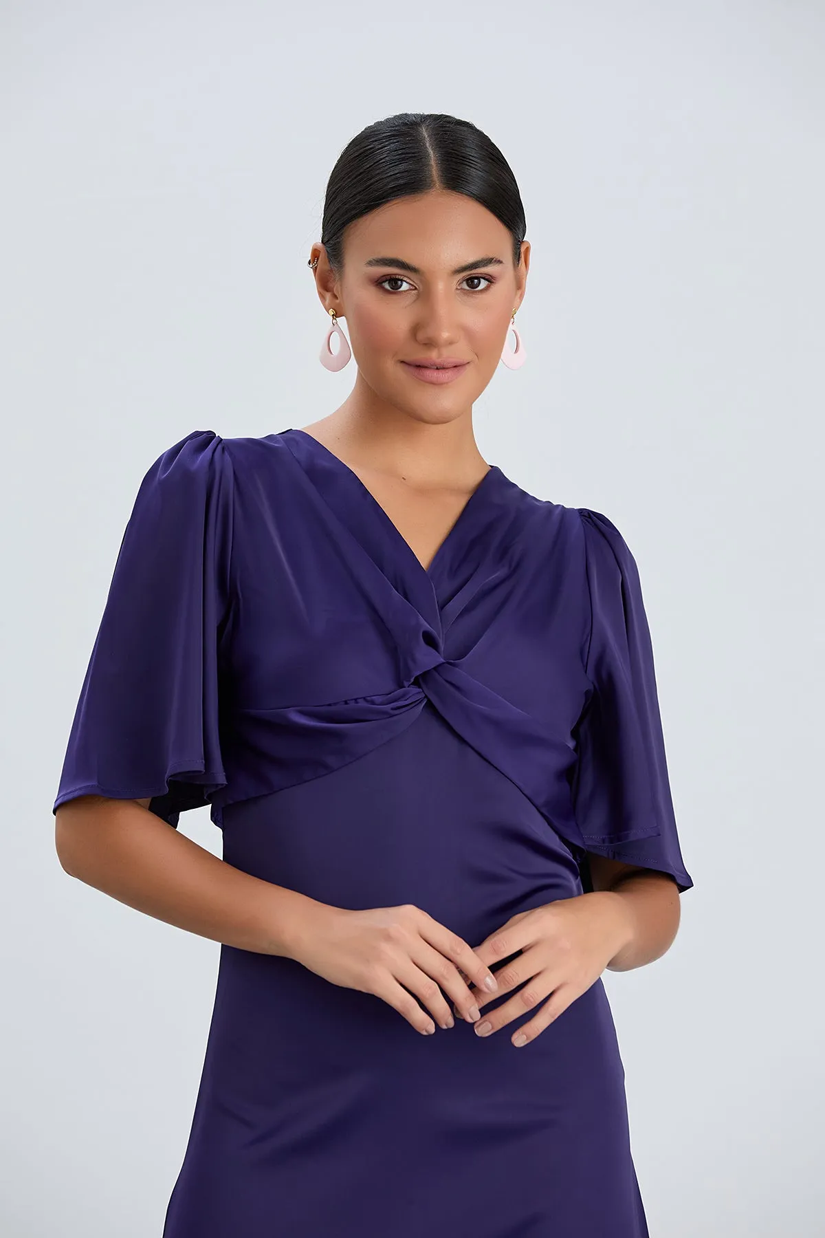 Sax Blue Angel Sleeve Midi Dress with Side Slit