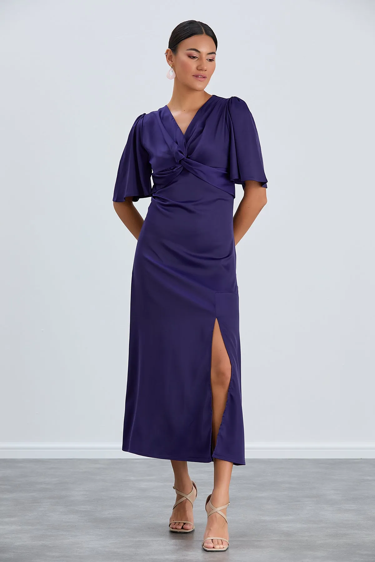 Sax Blue Angel Sleeve Midi Dress with Side Slit