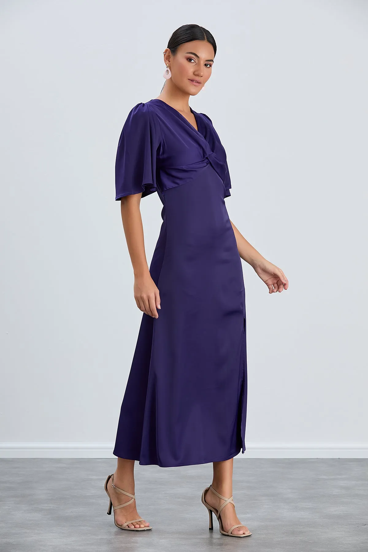 Sax Blue Angel Sleeve Midi Dress with Side Slit