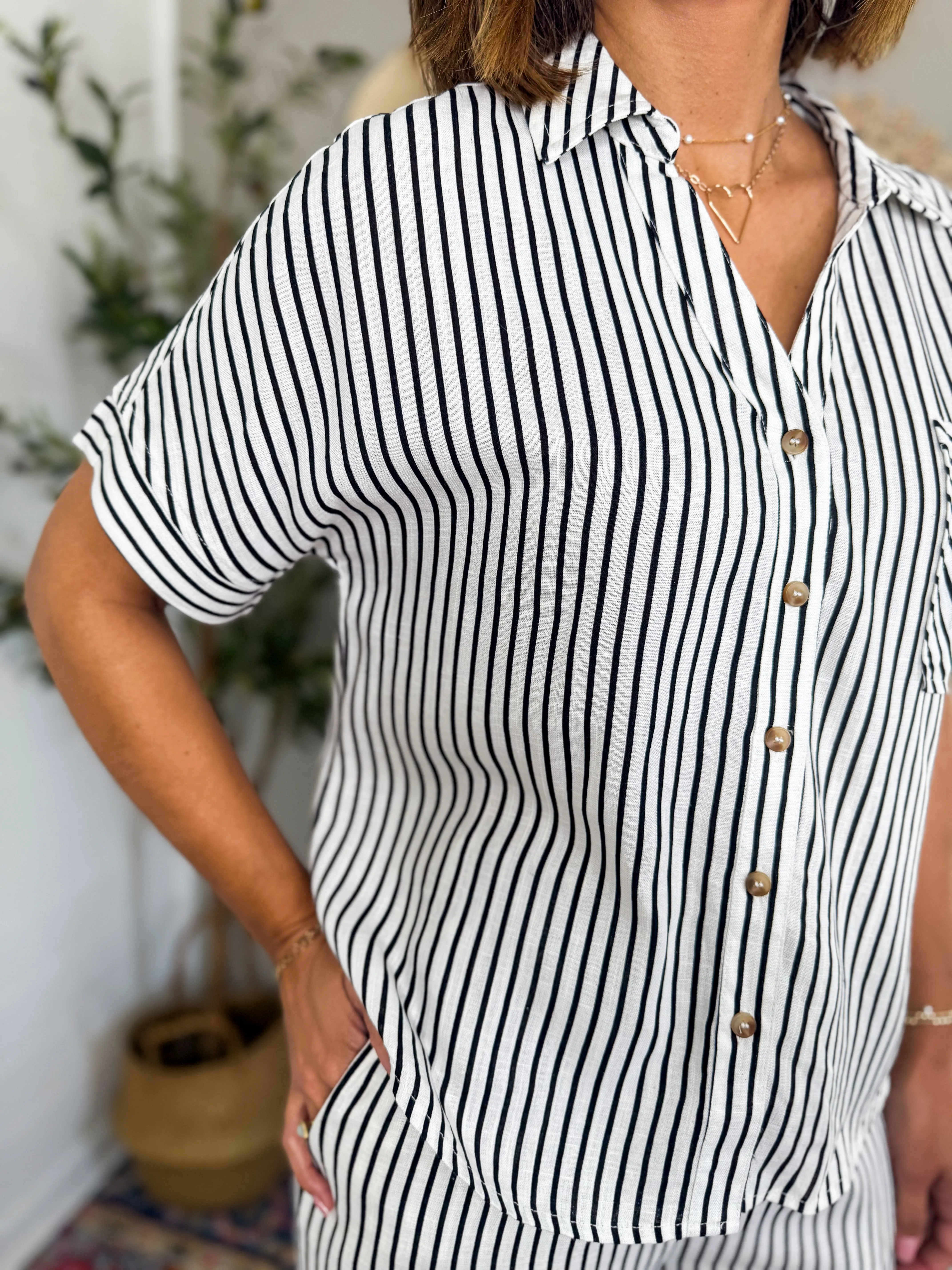 Stripe Collar Button Down Short Sleeve Linen Shirt