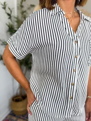 Stripe Collar Button Down Short Sleeve Linen Shirt