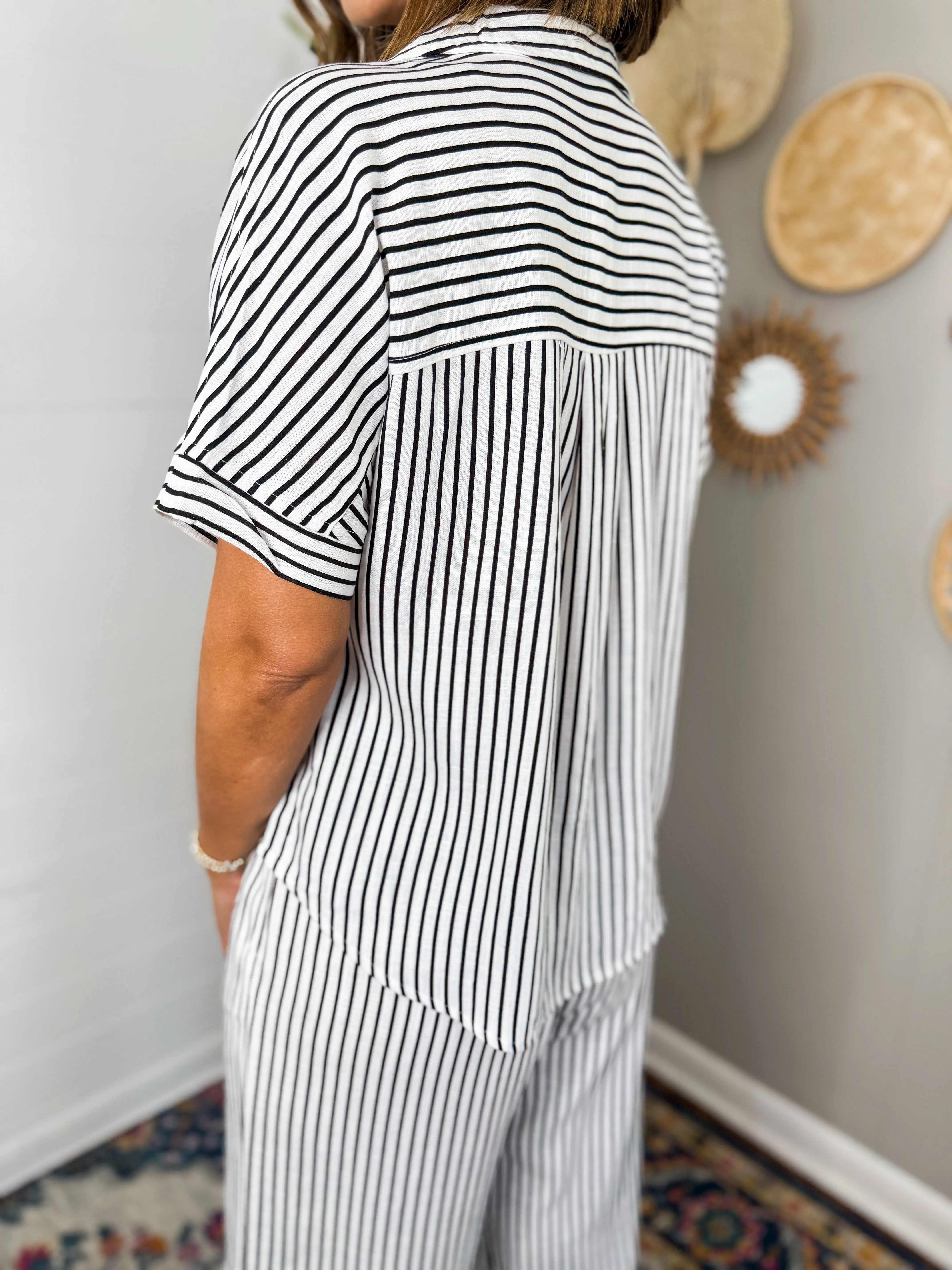 Stripe Collar Button Down Short Sleeve Linen Shirt