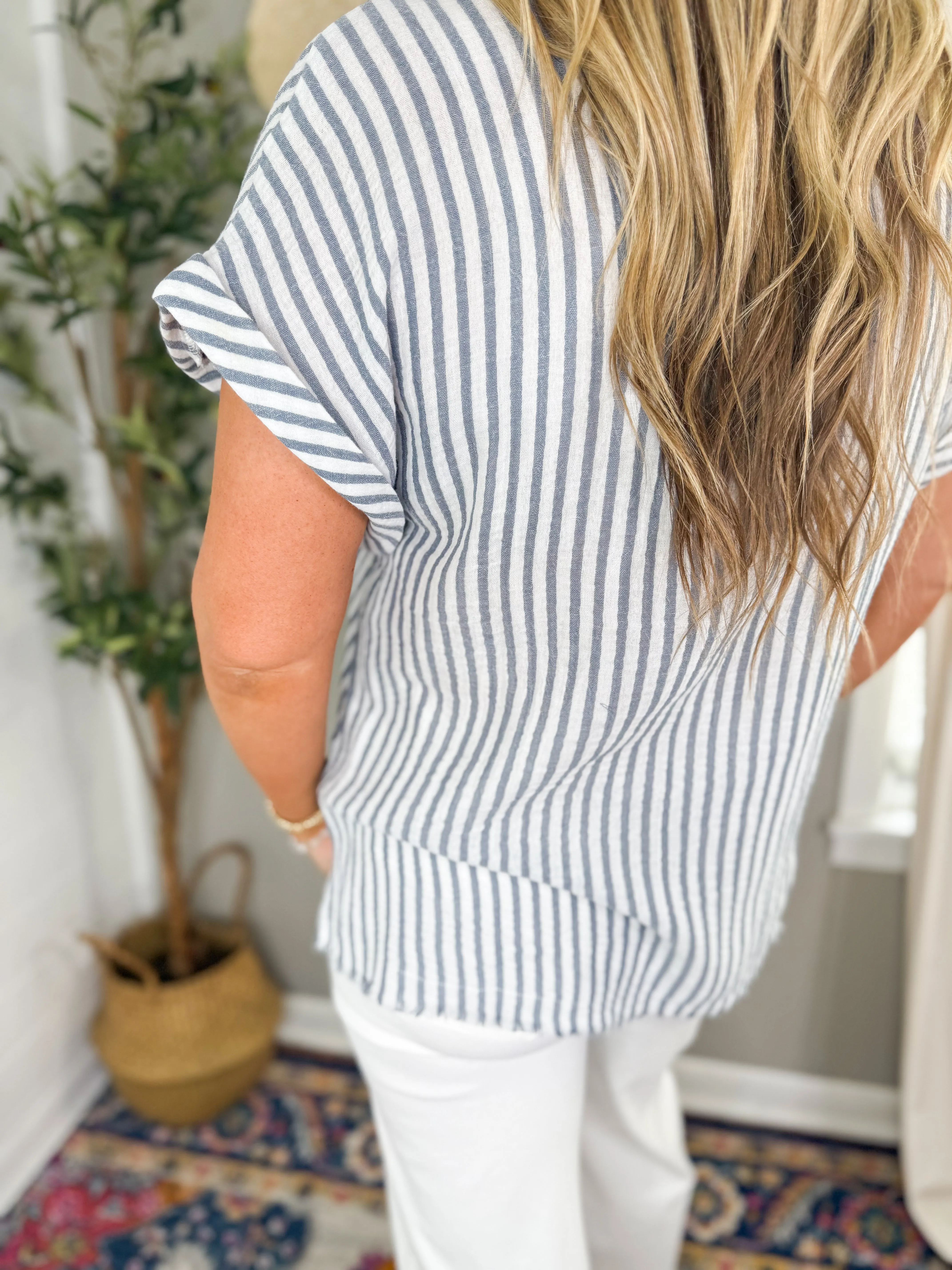 Striped Short Sleeve V Neck Top