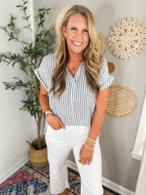 Striped Short Sleeve V Neck Top