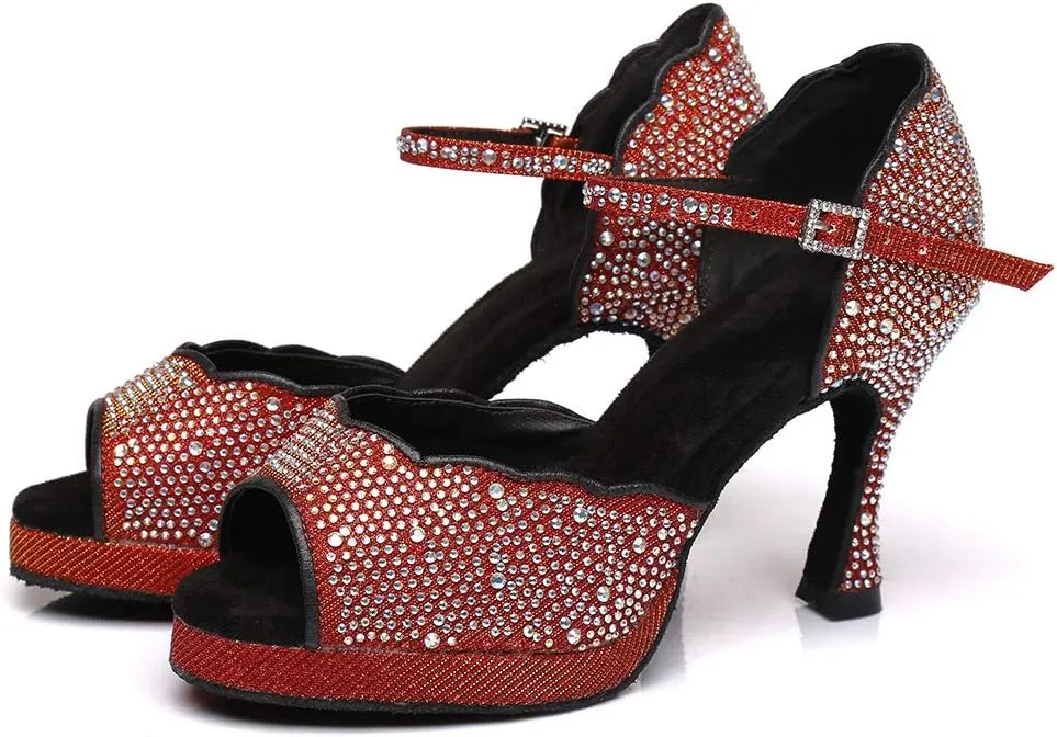 SWDZM Women's Rhinestone Ballroom Latin Dance Shoes Salsa Professional Practice Wedding Shoes,Model YCL389