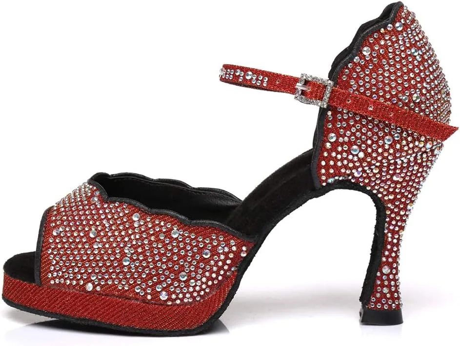 SWDZM Women's Rhinestone Ballroom Latin Dance Shoes Salsa Professional Practice Wedding Shoes,Model YCL389