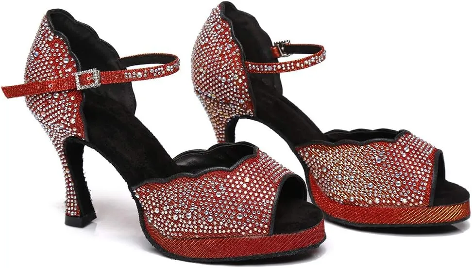 SWDZM Women's Rhinestone Ballroom Latin Dance Shoes Salsa Professional Practice Wedding Shoes,Model YCL389
