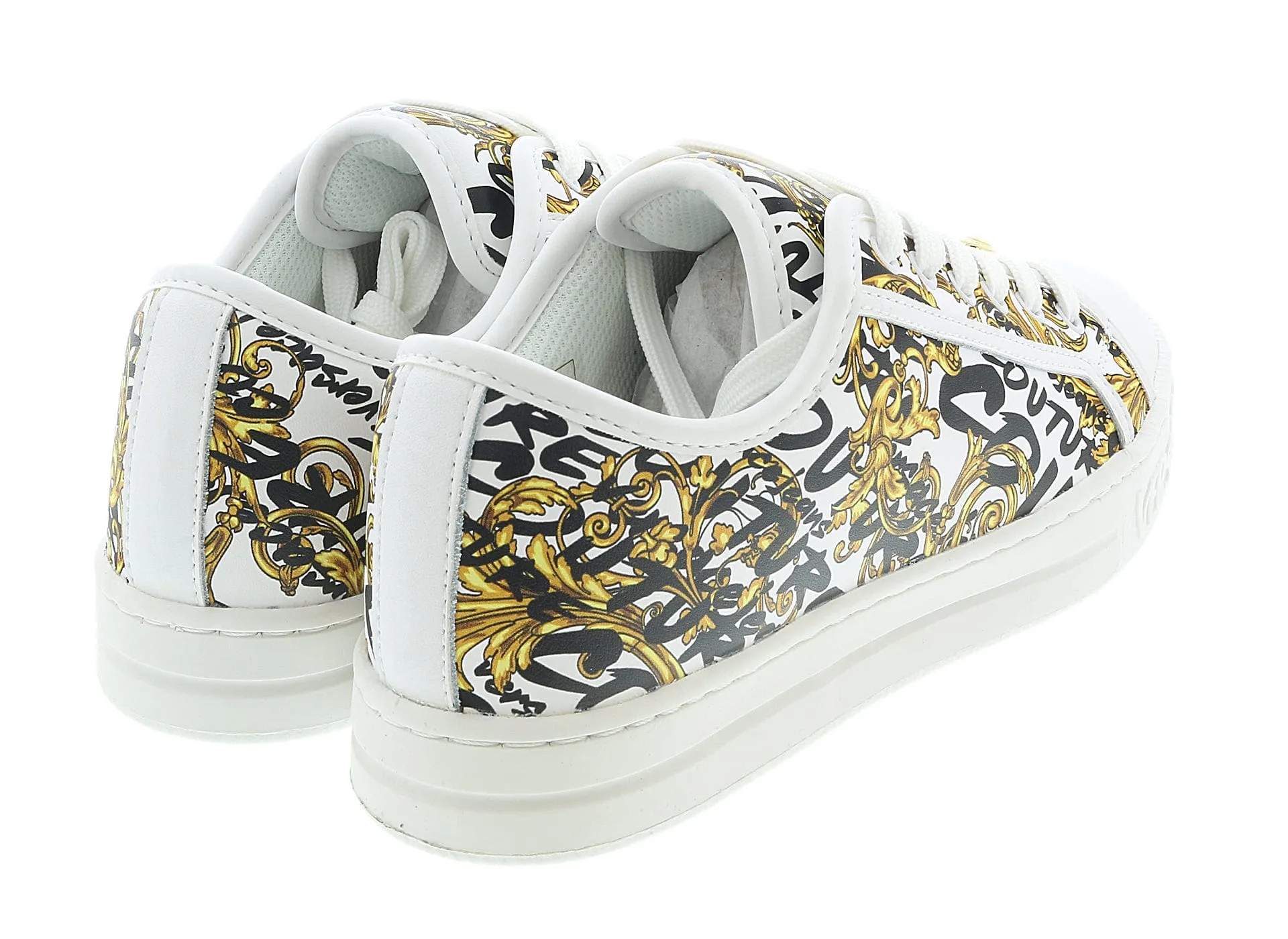 Versace Jeans Couture White/Gold Logo Brush Baroque Lace Up Sneakers-