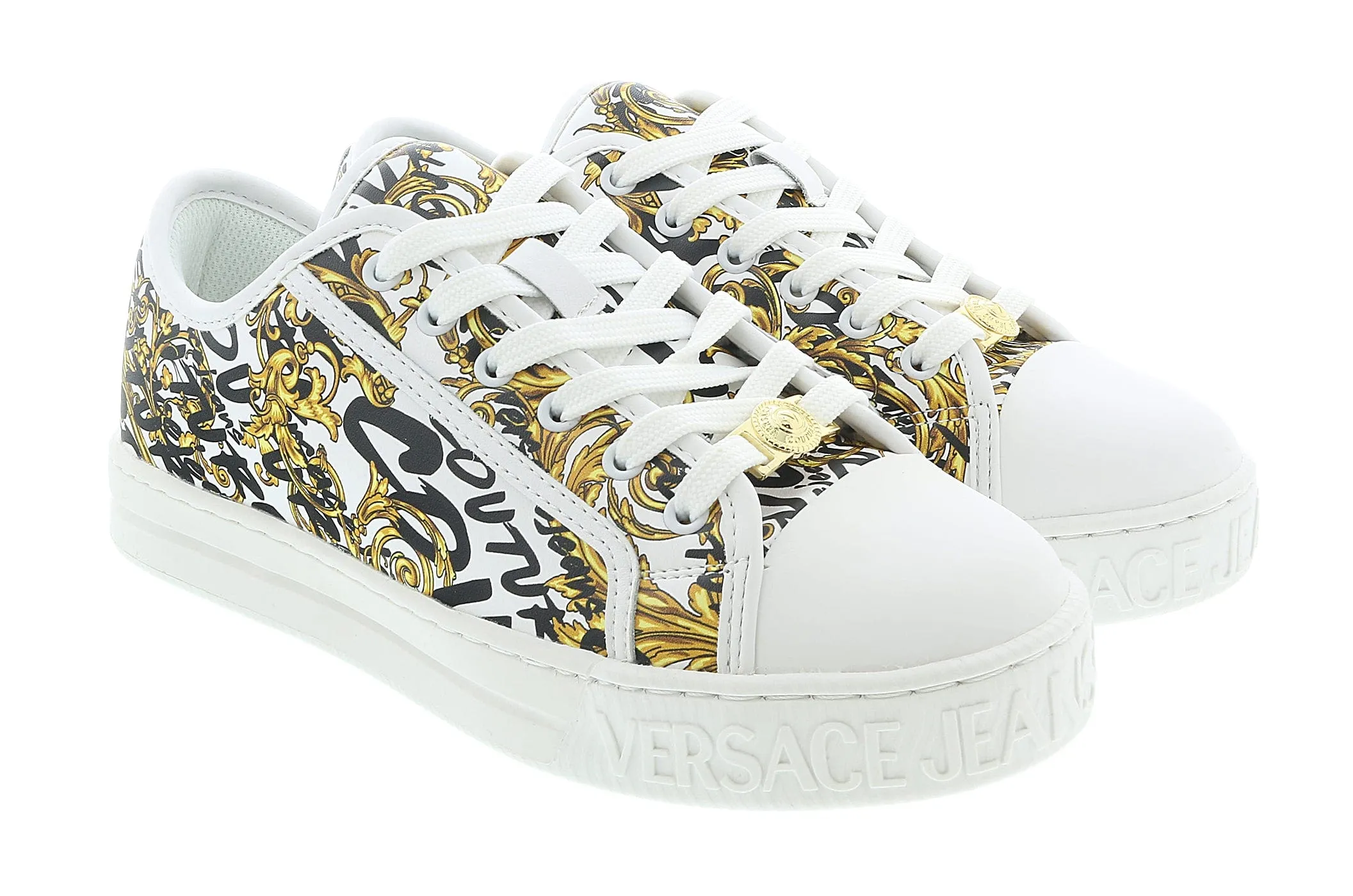 Versace Jeans Couture White/Gold Logo Brush Baroque Lace Up Sneakers-