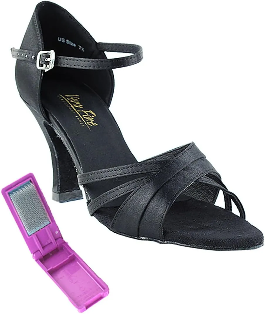 Very Fine Dance Shoes - Ladies Latin, Rhythm, Salsa, Waltz Ballroom Dance Shoes - 6030-2.5-inch Heel and Foldable Brush Bundle - Black Satin - 10