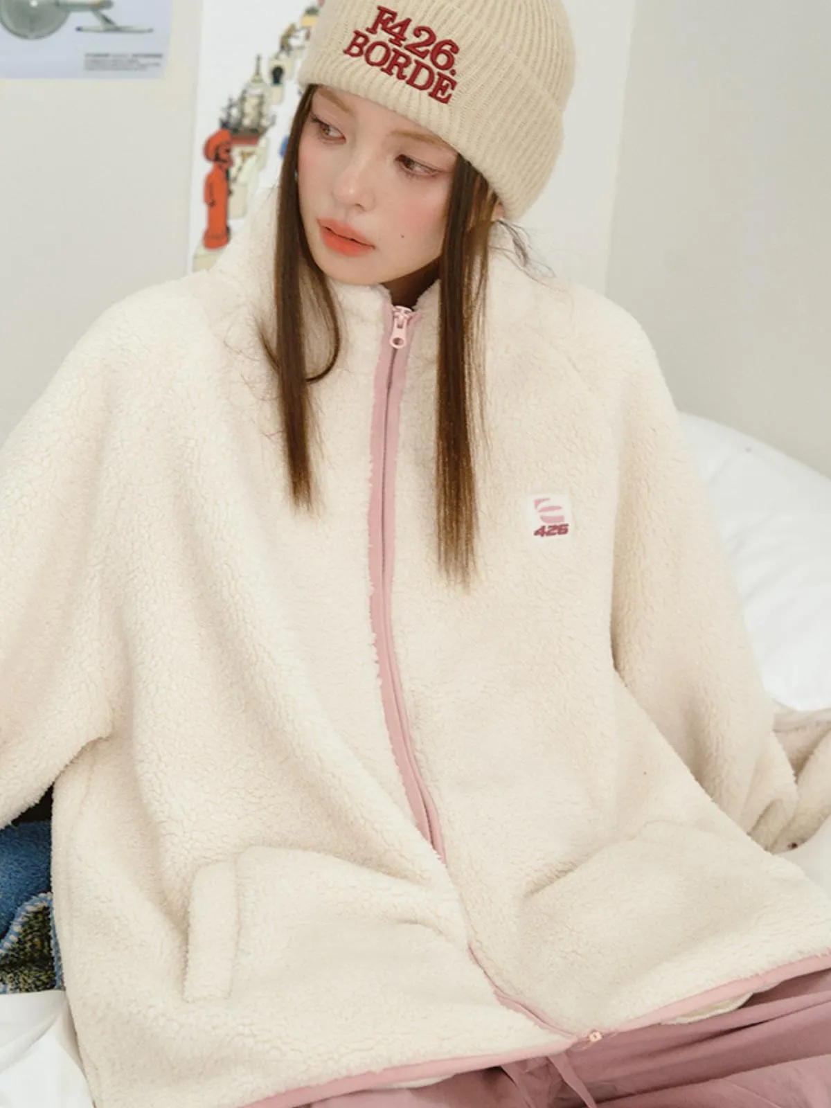 We Love Street Loose Contrasting Color Edging Cotton Plush Jacket