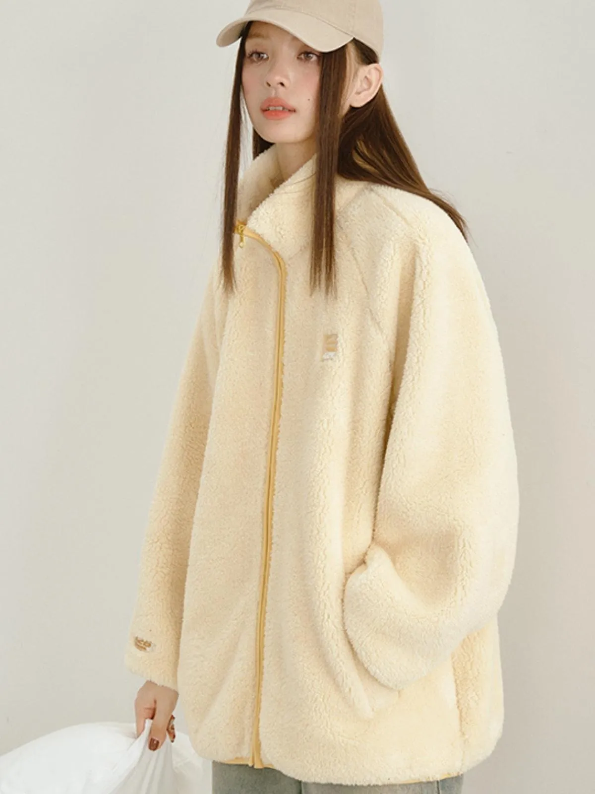 We Love Street Loose Contrasting Color Edging Cotton Plush Jacket